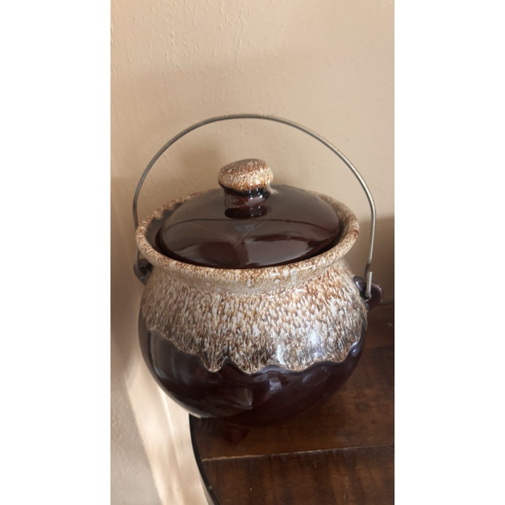 Hull Pottery Brown Drip Glaze Bean Pot  Lid & Wire Bail Handle USA Crock Vintage